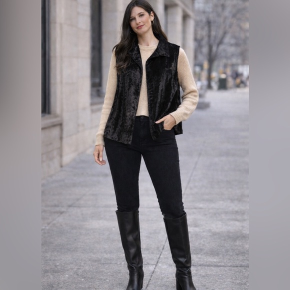 Olsen Jackets & Blazers - Vintage Olsen Black Collar Up Faux Fur Vest Pockets SZ US 12/ EUR 44 Y2K
